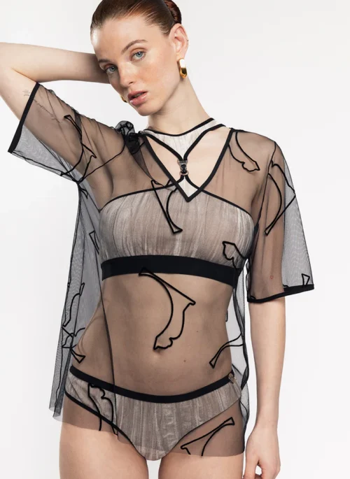 Liis V-neck Tulle T-Shirt - Black