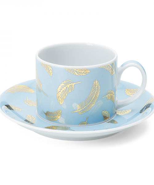 Light blue tea and coffee cup with a saucer