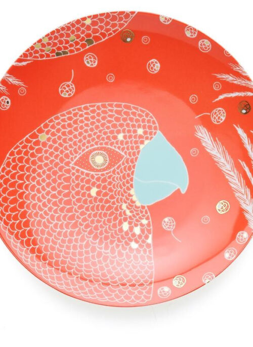 Currant red dinner plate with a bird