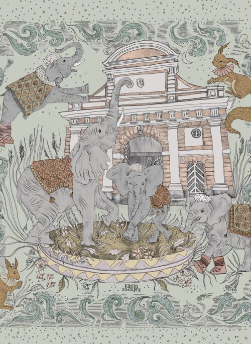 130x130 cm Silk-Wool Arctic Elephants Light Seashell