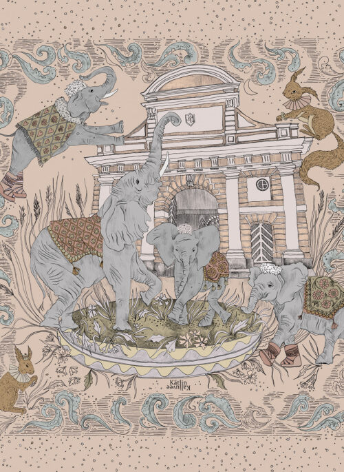 130x130 cm Silk-Wool Arctic Elephants Sunset Beach