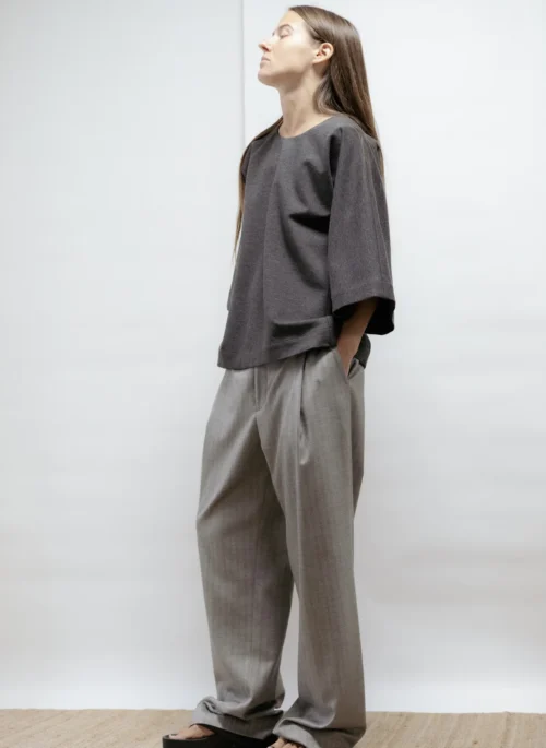 Grey herringbone wide-leg trousers
